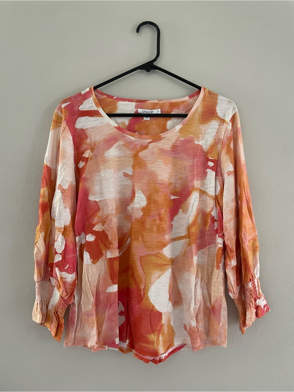 Chico's Pink and Orange Watercolor 3/4 Sleeve Blouse